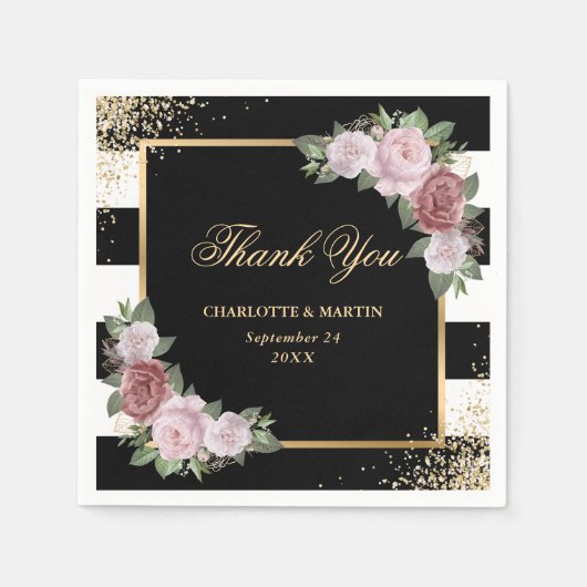 Zwart Goud Blush Roze Bloemen Dank u bruiloft Servet (Voorkant)