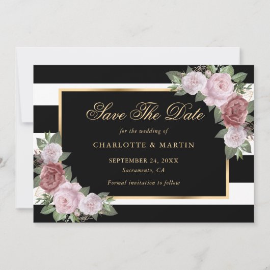 Zwart Goud Blush Roze Bloemen Huwelijk Save The Date (Voorkant)