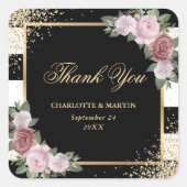 Zwart Goud Blush Roze Bloemen Huwelijk Vierkante Sticker (Voorkant)
