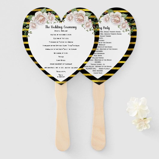 Zwart Goud Blush Roze Rozen Trouwprogramma Fan Handwaaier (Voorkant en achterkant)