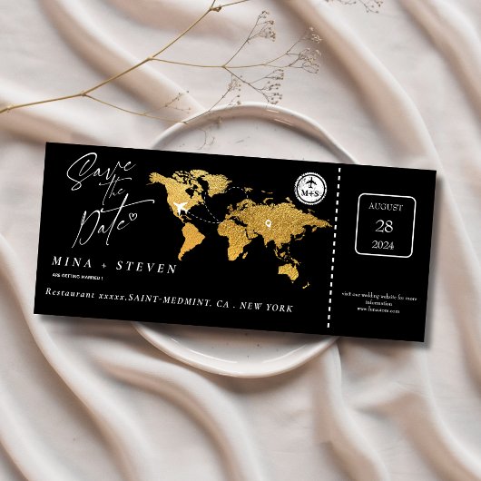 Zwart goud Boarding pass bestemming bruiloft Save The Date