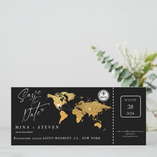Zwart goud Boarding pass bestemming bruiloft Save The Date (Staand voorkant)