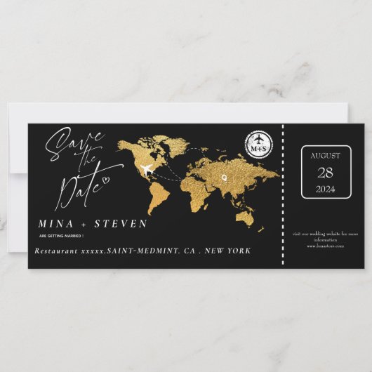 Zwart goud Boarding pass bestemming bruiloft Save The Date (Voorkant)