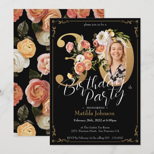 Zwart Goud Boho Bloemen 30e Verjaardag Kaart (Voorkant / Achterkant)