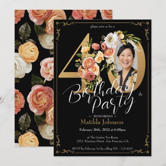 Zwart Goud Boho Bloemen 40e Verjaardagsfeest Kaart (Voorkant / Achterkant)