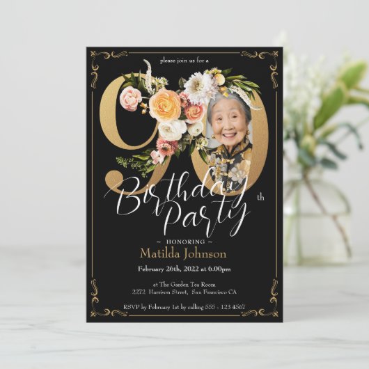 Zwart Goud Boho Custom Photo Floral 90ste Verjaard Kaart (Staand voorkant)