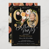 Zwart Goud Boho Custom Photo Floral 90ste Verjaard Kaart (Voorkant / Achterkant)