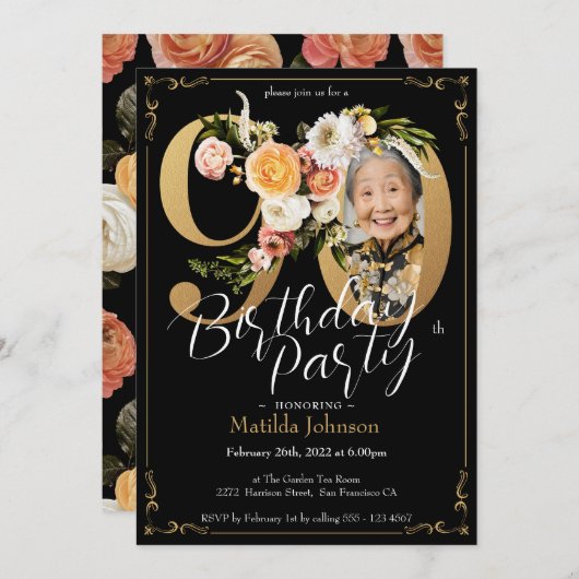 Zwart Goud Boho Custom Photo Floral 90ste Verjaard Kaart (Voorkant / Achterkant)