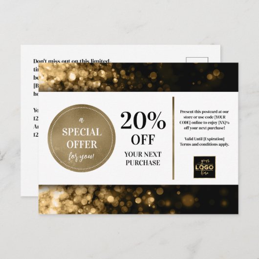 Zwart Goud Bokeh Custom Coupon Korting Briefkaart (Voorkant / Achterkant)