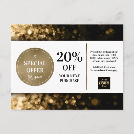Zwart Goud Bokeh Custom Coupon Korting Briefkaart (Voorkant)