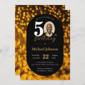 Zwart Goud Bokeh Foto 50e Verjaardag Kaart (Voorkant / Achterkant)