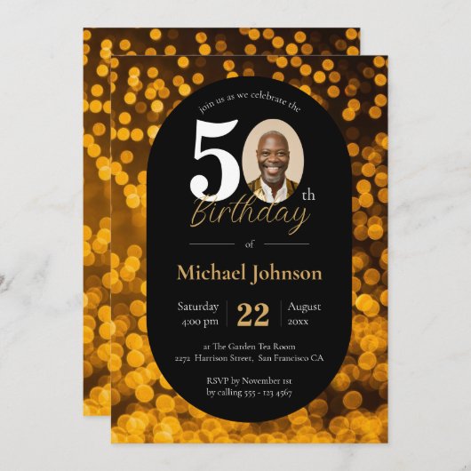 Zwart Goud Bokeh Foto 50e Verjaardag Kaart (Voorkant / Achterkant)