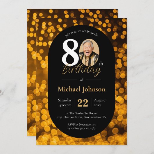 Zwart Goud Bokeh Foto 80e Verjaardag Uitnodiging (Voorkant / Achterkant)
