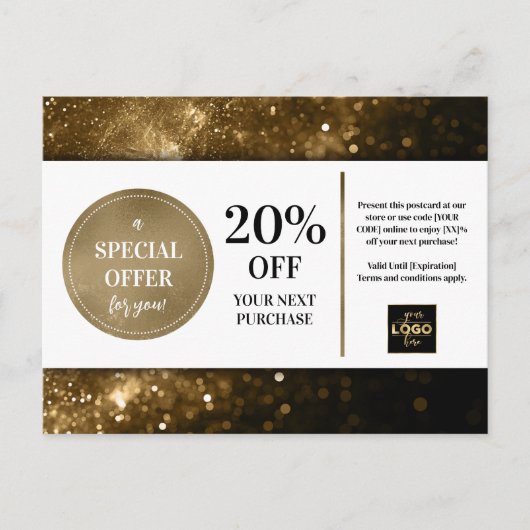 Zwart Goud Bokeh Glitter Coupon Korting Briefkaart (Voorkant)