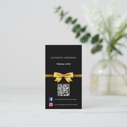Zwart goud boog foto Qr code social media premium Visitekaartje (Staand voorkant)