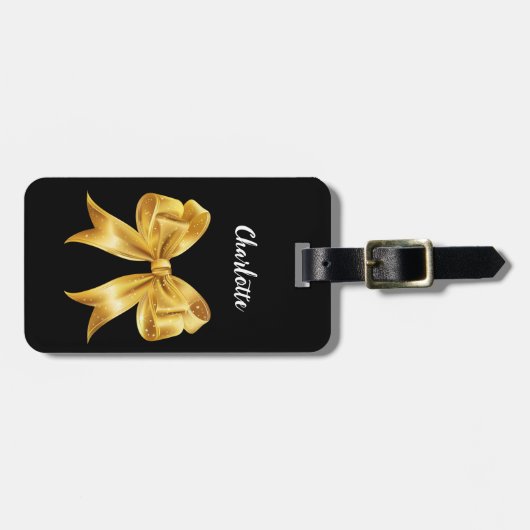 Zwart goud boog naam script bagagelabel (Voorkant horizontaal)