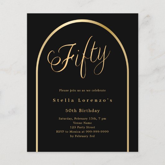 Zwart goud boog script 50e verjaardag uitnodiging (Voorkant)