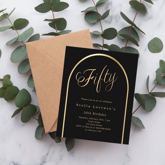 Zwart goud boog script 50e verjaardag uitnodiging