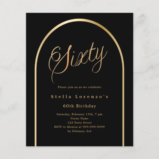 Zwart goud boog script 60e verjaardag uitnodiging (Voorkant)