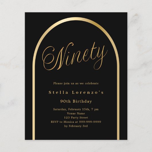 Zwart goud boog script 90ste verjaardag uitnodigin (Voorkant)