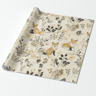 Zwart Goud Bos Vos Bloemmotief Cadeaupapier