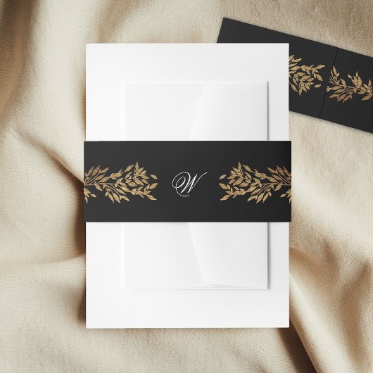 zwart & goud botanisch kader monogram bruiloft uitnodigingen wikkel