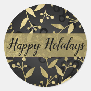 Zwart & Goud Botanisch Prettig Kerstfeest Elegant Ronde Sticker