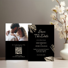 Zwart & Goud Botanische bruiloft met foto en QR Save The Date