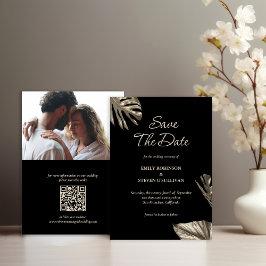 Zwart & Goud Botanische bruiloft met foto en QR Save The Date