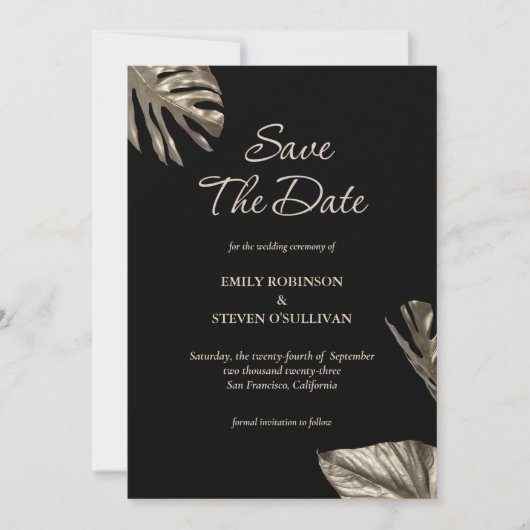Zwart & Goud Botanische bruiloft met foto en QR Save The Date (Voorkant)