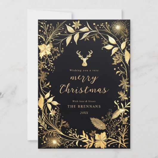 Zwart Goud Botanische Feestelijke Stijlvolle Kerst Feestdagenkaart (Voorkant)
