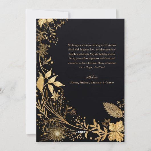 Zwart Goud Botanische Feestelijke Stijlvolle Kerst Feestdagenkaart (Achterkant)