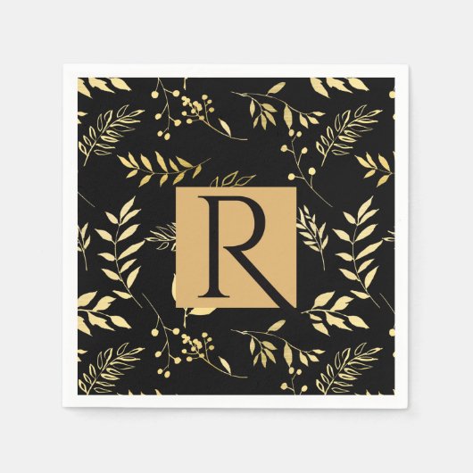 Zwart & Goud Botanische Glamour Trouw Monogram Servetten (Voorkant)