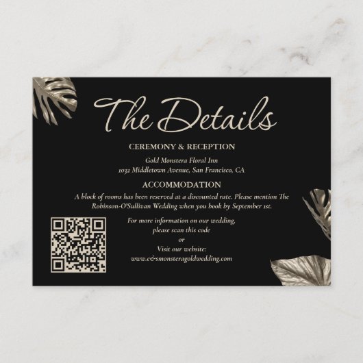 Zwart & Goud Botanische Trouwdetails met QR Informatiekaartje (Voorkant)
