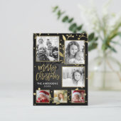 Zwart & Goud Botanische Vrolijk Kerstfeest 6 Foto Feestdagenkaart (Staand voorkant)