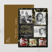 Zwart & Goud Botanische Vrolijk Kerstfeest 6 Foto Feestdagenkaart (Voorkant / Achterkant)