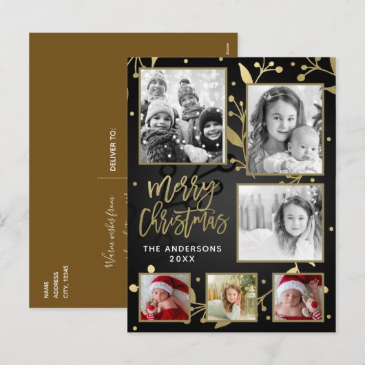 Zwart & Goud Botanische Vrolijk Kerstfeest 6 Foto Feestdagenkaart (Voorkant / Achterkant)