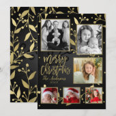 Zwart & Goud Botanische Vrolijk Kerstfeest 6 Foto Feestdagenkaart (Voorkant / Achterkant)