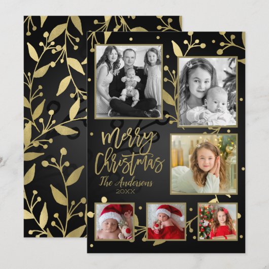 Zwart & Goud Botanische Vrolijk Kerstfeest 6 Foto Feestdagenkaart (Voorkant / Achterkant)