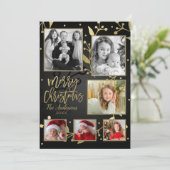 Zwart & Goud Botanische Vrolijk Kerstfeest 6 Foto Feestdagenkaart (Staand voorkant)