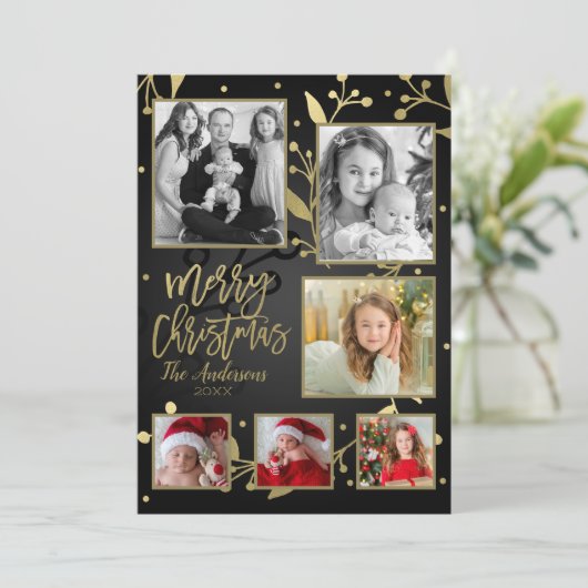 Zwart & Goud Botanische Vrolijk Kerstfeest 6 Foto Feestdagenkaart (Staand voorkant)