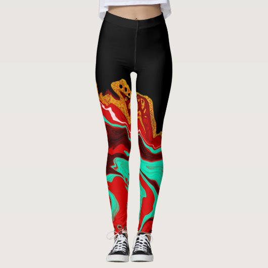 Zwart, goud, Bourgogne, marmer-vloeistofkunst Leggings (Voorkant)