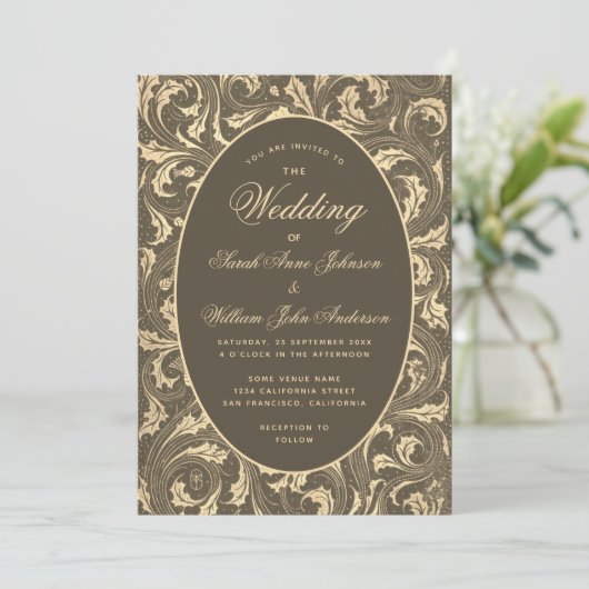 Zwart Goud Bruiloft  distel bladeren Elegant Kaart (Staand voorkant)