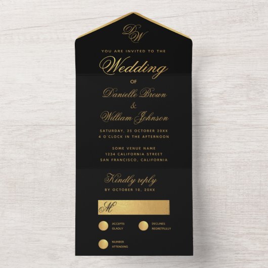 Zwart Goud Bruiloft Eenvoudig Elegant Script Monog All In One Uitnodiging (Binnen)