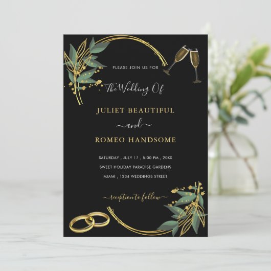 Zwart Goud Bruiloft Uitnodiging Kaart Elegant Ontw (Staand voorkant)