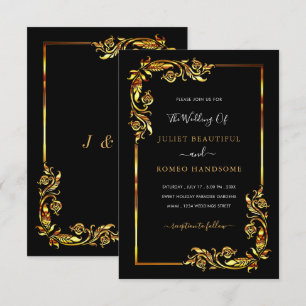 Zwart Goud Bruiloft Uitnodiging met Ornament Lijst