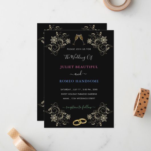 Zwart Goud Bruiloft Uitnodiging Uw Eigen Ontwerp (Voorkant / Achterkant in situ)