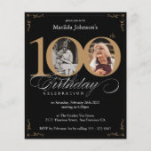 Zwart Goud Budget Foto 100e Verjaardag Uitnodiging (Voorkant)