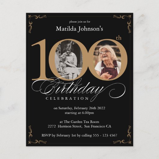 Zwart Goud Budget Foto 100e Verjaardag Uitnodiging (Voorkant)