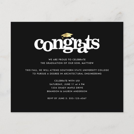 Zwart goud budget foto vet afstuderen uitnodiging (Achterkant)